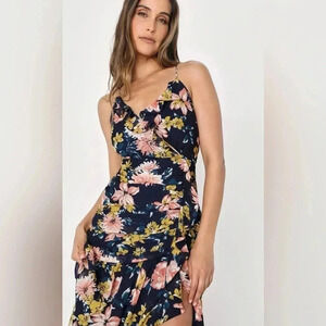 Lulus Stunning Soiree Navy Blue Floral Ruched Midi Dress